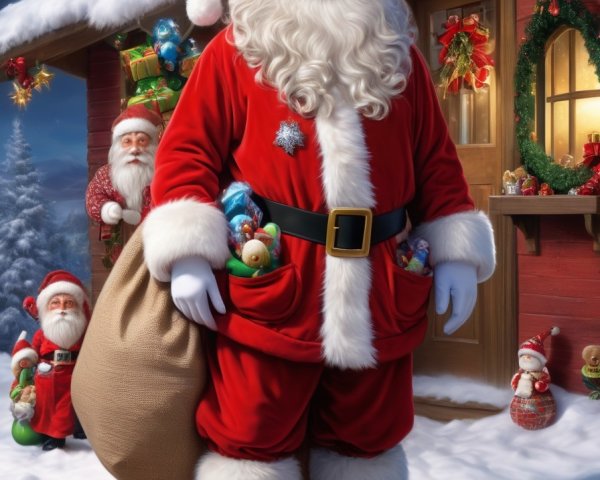 Digital illustration: Santa Claus with toys, festive house, snow.