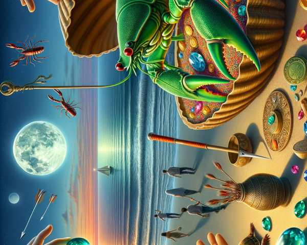 Surreal Beach Scene with Jeweled Lobster at Sunset