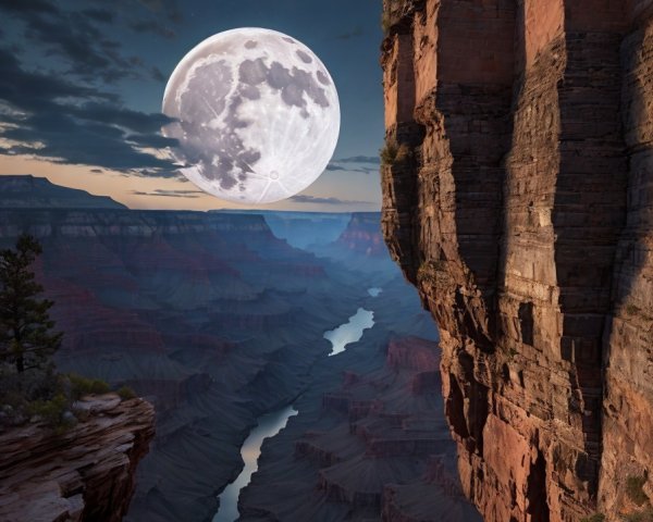 Full Moon Over Dramatic Canyon Landscape at Twilight