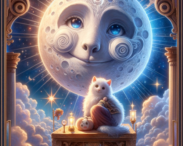 Whimsical illustration of friendly moon, cat, candles, flowers, and clouds