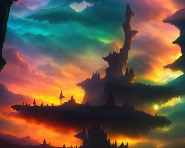Colorful Fantasy Landscape with Layered Rock Formations and Aurora Lights