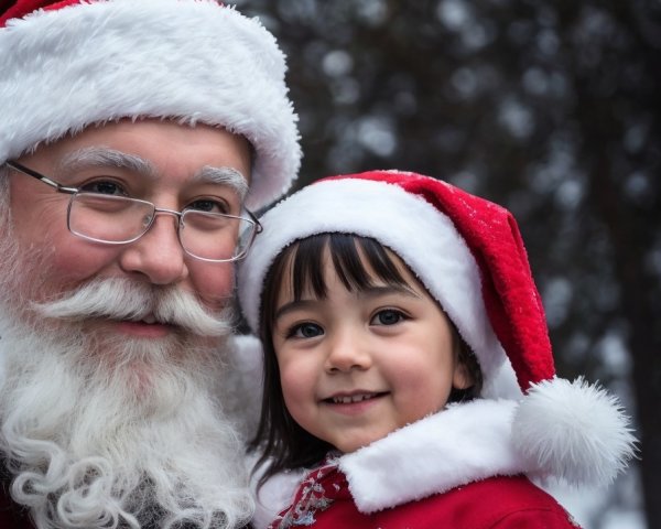 Santa Claus with child in snowy background