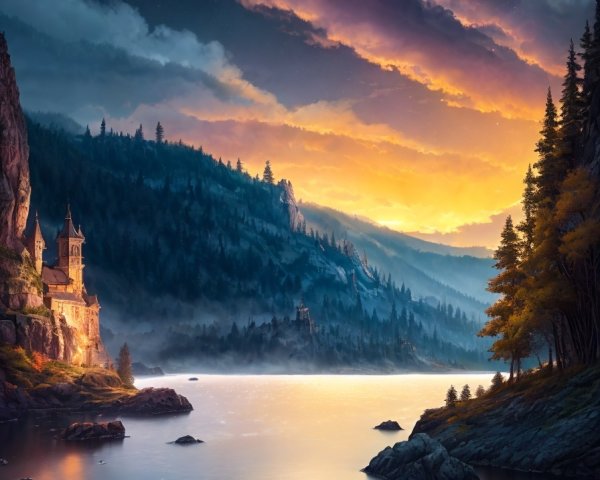 Twilight Scene of Moonlit Lake and Castle Landscape