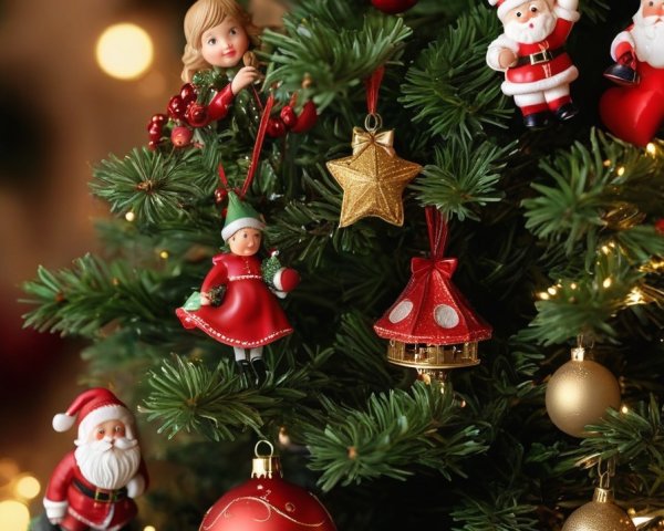 Festive Christmas tree adorned with Santa Claus, angels, star, and baubles