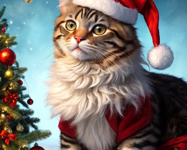 Fluffy cat in Santa hat beside Christmas tree with mouse
