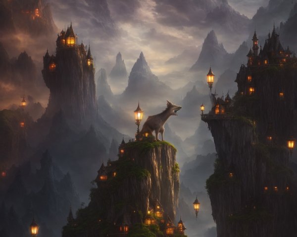 Mythical landscape with towering cliffs and illuminated castles