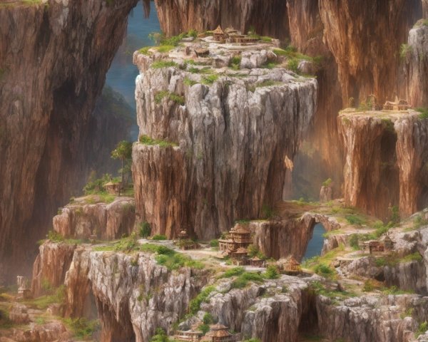 Majestic fantasy landscape with rock formations, waterfalls, castle, ocean, and cloudy sky