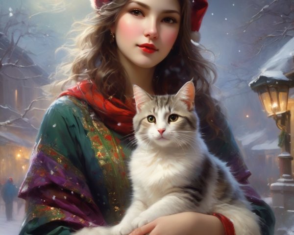 Woman in festive red hat and shawl holding white and grey cat in snowy street scene.