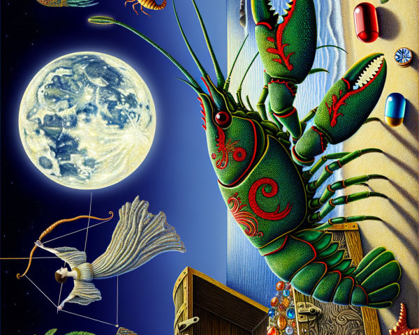 Surreal Beach Scene with Moon and Vibrant Lobster