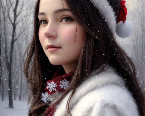 Young woman in white coat with red flower in snowy forest