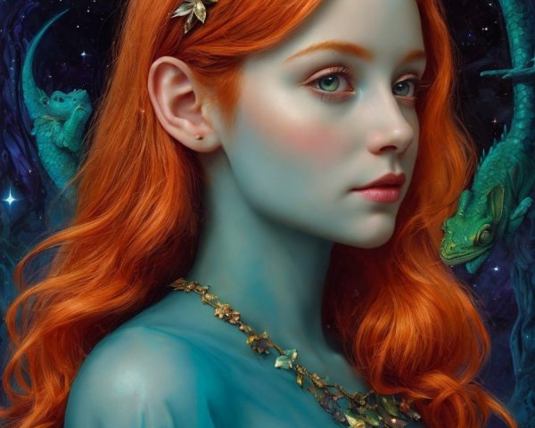 Red-haired woman with golden foliage and green lizards in whimsical space
