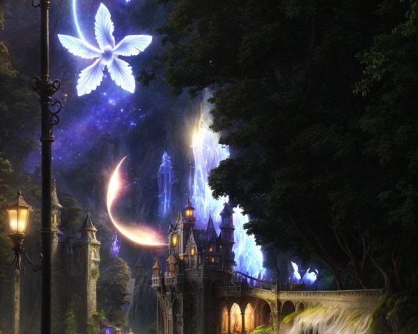 Fantasy scene with illuminated street lamp, waterfalls, old castle, magical sky, crescent moon