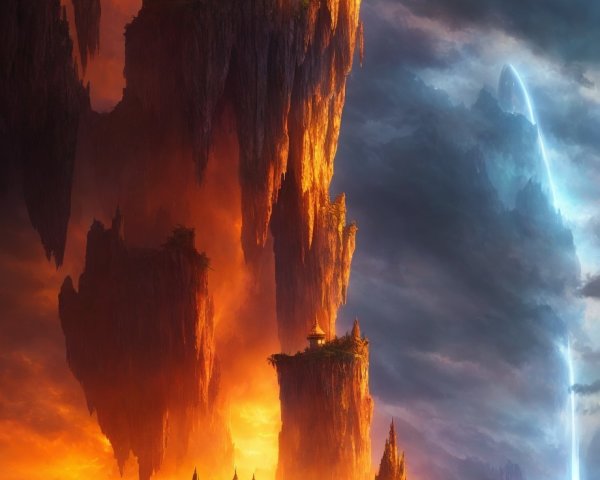 Fantastical landscape with floating islands and palaces at sunset