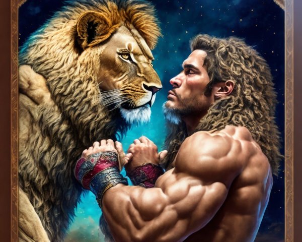 Muscular man locks eyes with lion in cosmic setting.