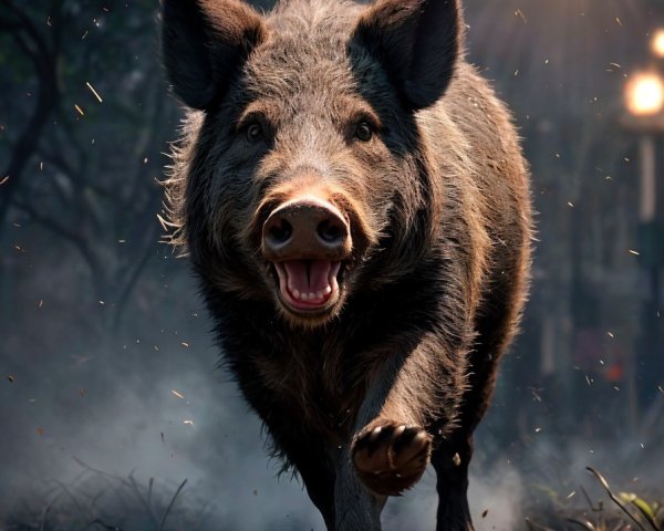 Wild Boar Running in Mist with Halo Effect