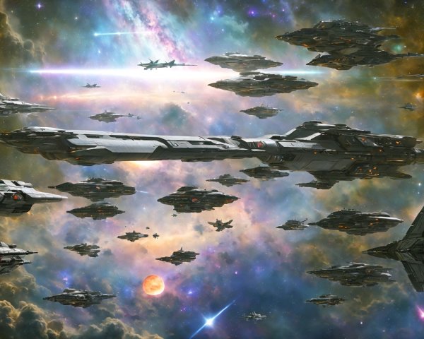 Futuristic spaceships in starry cosmos with nebulae and fighter craft