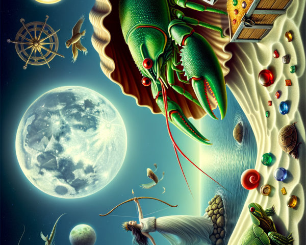 Whimsical Beach Scene with Moon, Lobster, and Treasures