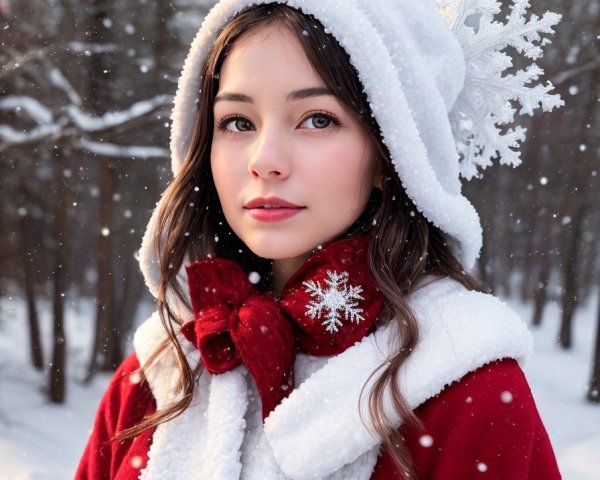 Woman in white hood and red coat in snowy forest