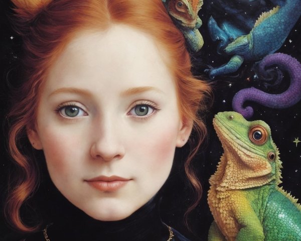 Red-haired woman surrounded by chameleons under starry sky crescent moon