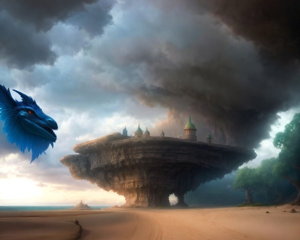 Floating island above sandy beach with blue dragon in dramatic sky