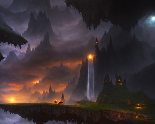 Fantastical landscape with floating islands, waterfalls, lantern-lit figure & vibrant sky