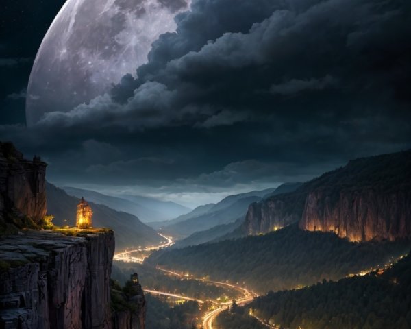 Dramatic Nightscape with Full Moon and Winding Road