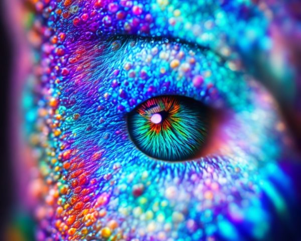 Close-up of face with iridescent multicolored skin and vibrant green-blue eyes