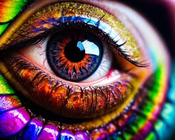 Colorful, intricate eye makeup with vibrant eyeshadow and detailed eyelashes.