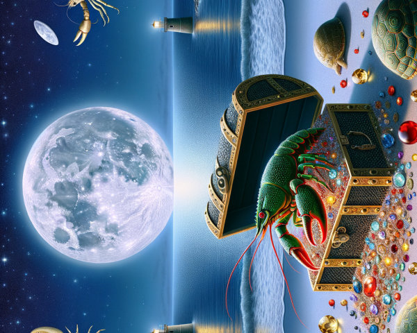 Surreal Landscape with Gems, Lobsters, and Sea Turtles