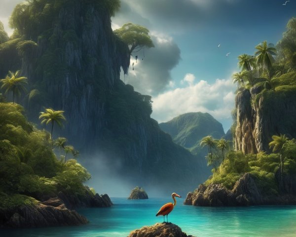 Tranquil tropical lagoon with flamingo, lush cliffs, and misty sky