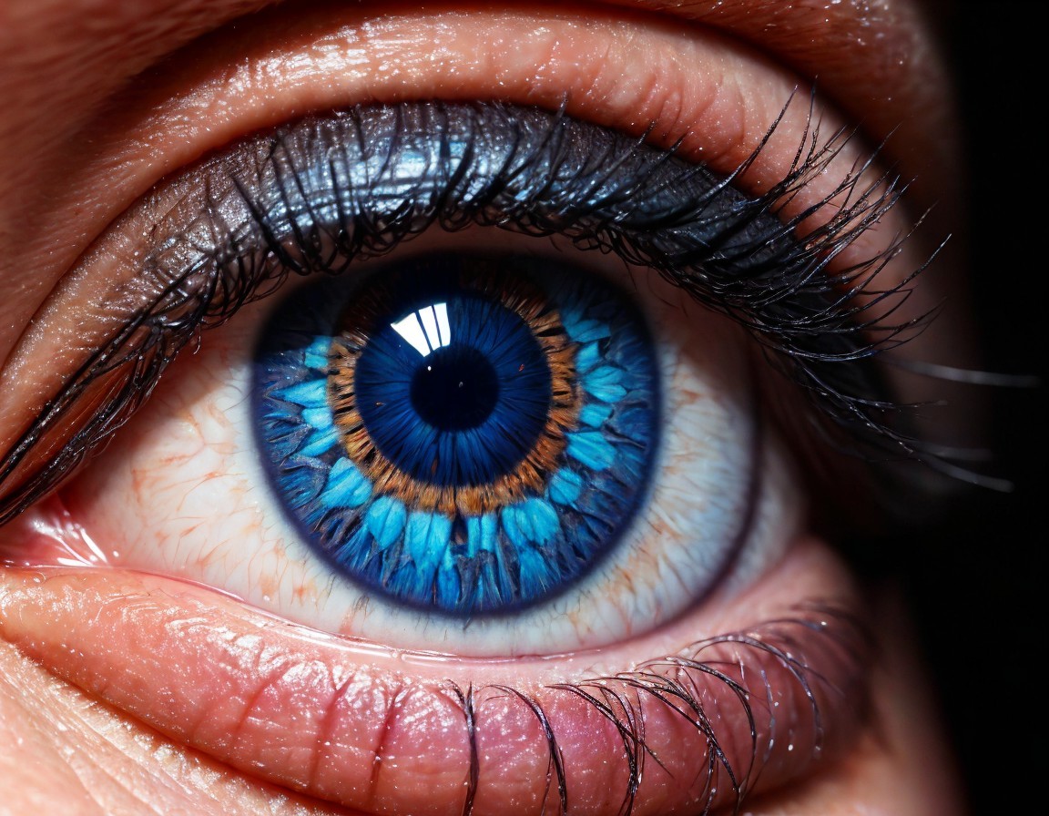 Detailed Close-Up: Vibrant Blue Iris with Dark Eyelashes