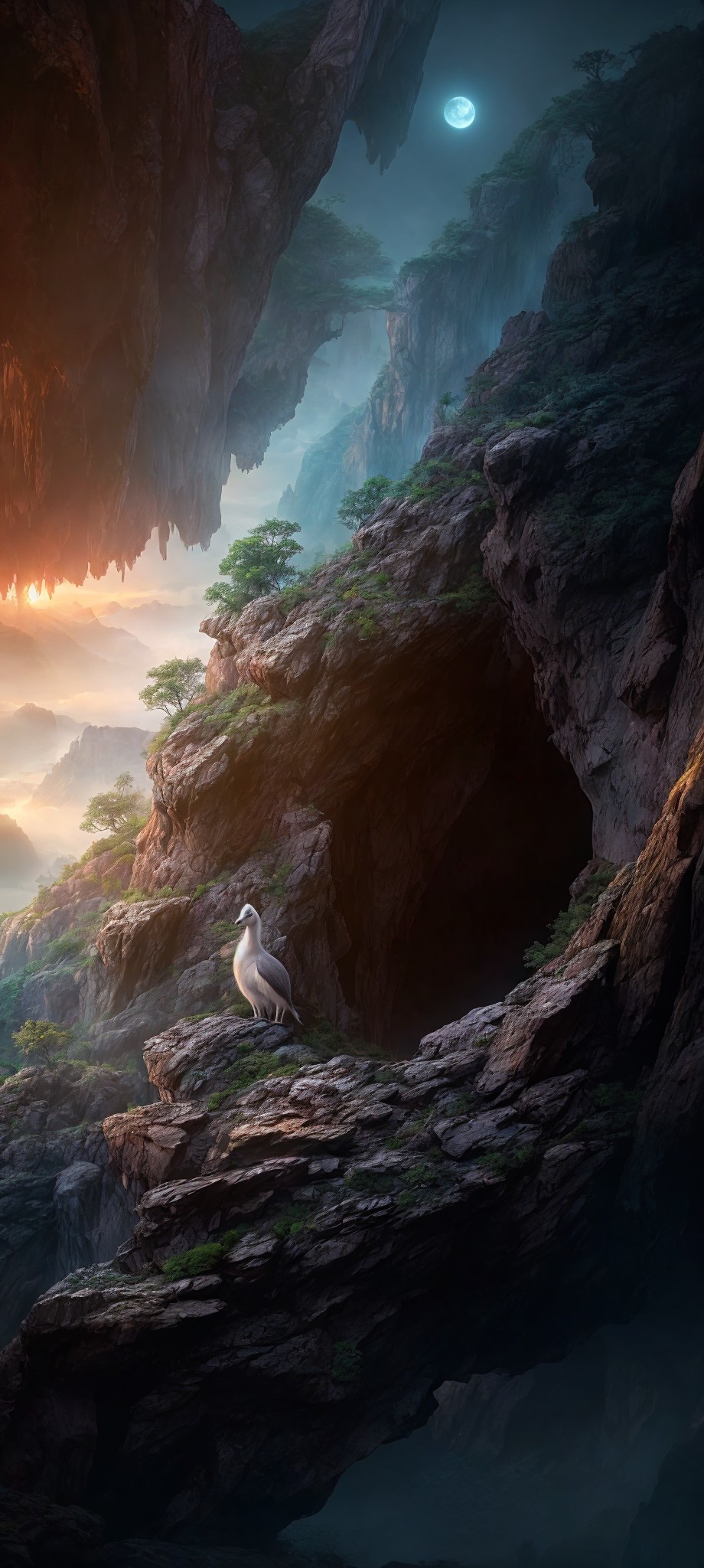 Mysterious landscape with bird, misty forests, and floating islands
