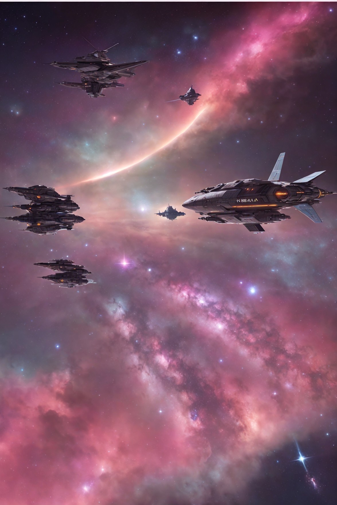 Futuristic spacecraft squadron in vibrant cosmic nebula