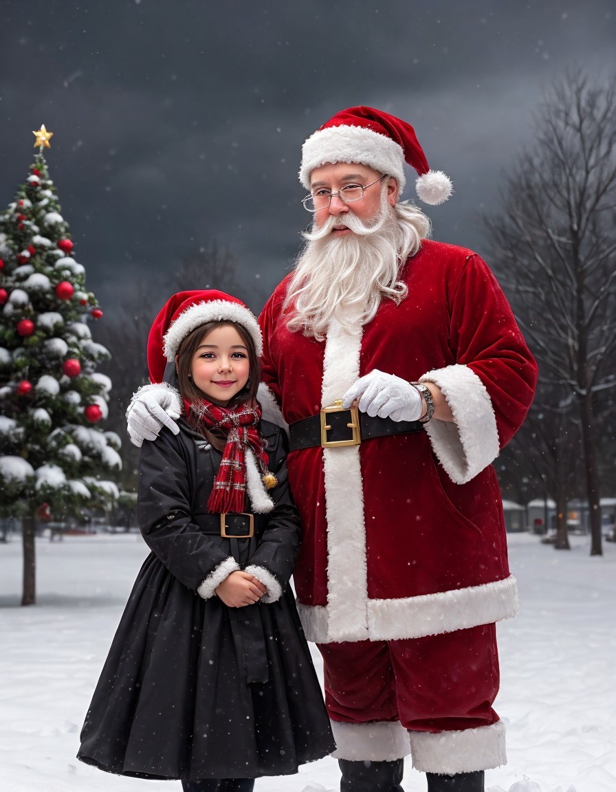 Santa Claus and child pose by Christmas tree in snowy scene