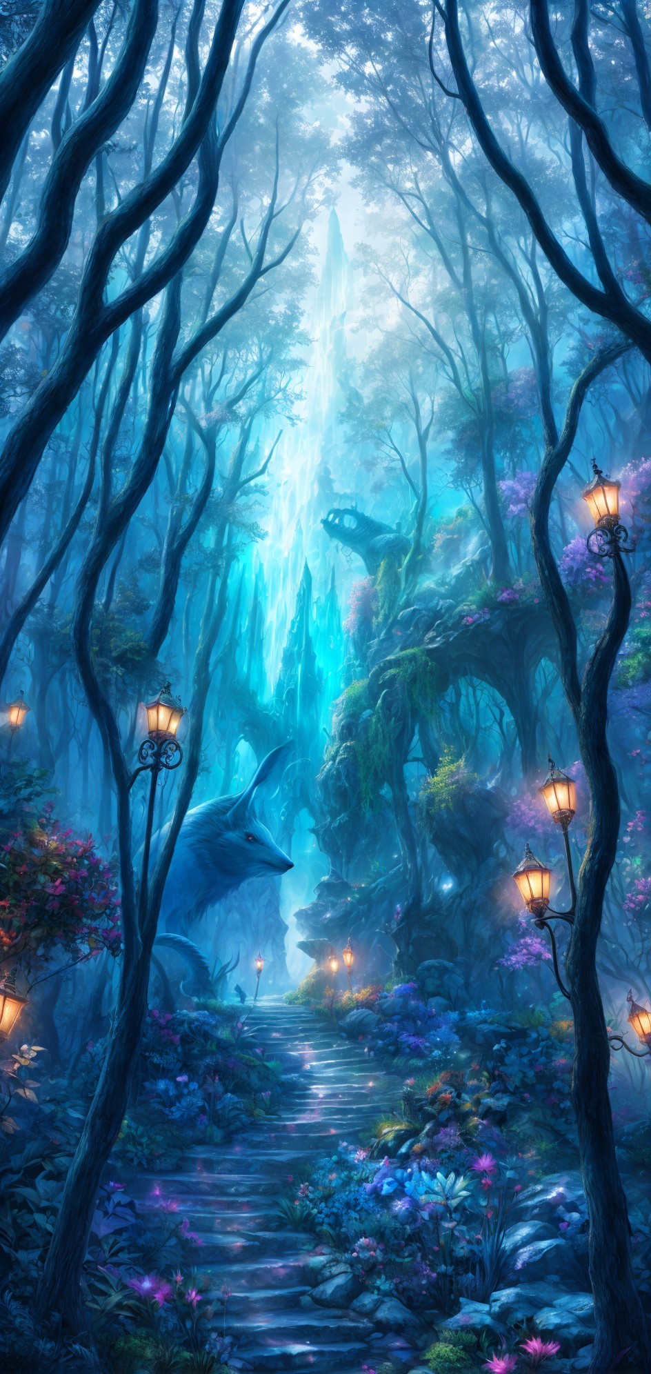 Enchanting forest path with vibrant flowers and lanterns in mystical blue-hued woodland