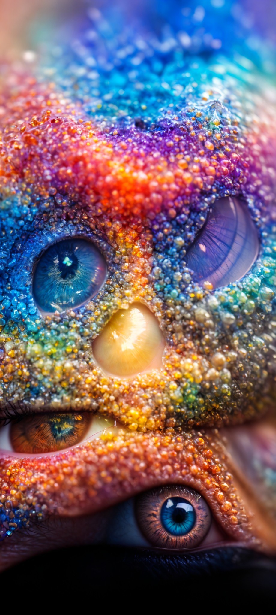 Colorful Close-Up Artwork Featuring Multiple Intricate Eyes and Cosmic Textures
