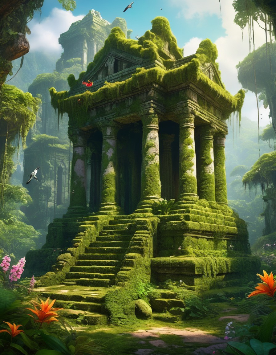 Moss-covered ancient temple in lush jungle with colorful flora
