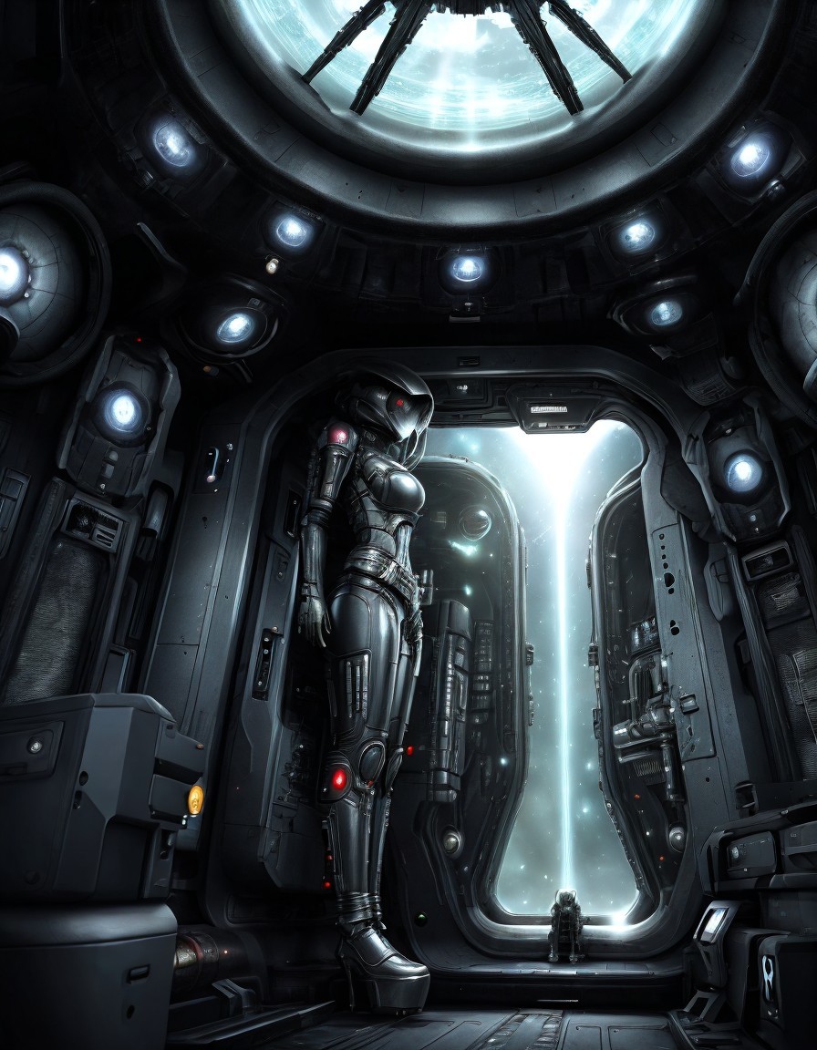 Armored astronaut in futuristic spaceship corridor with large cosmos viewing window