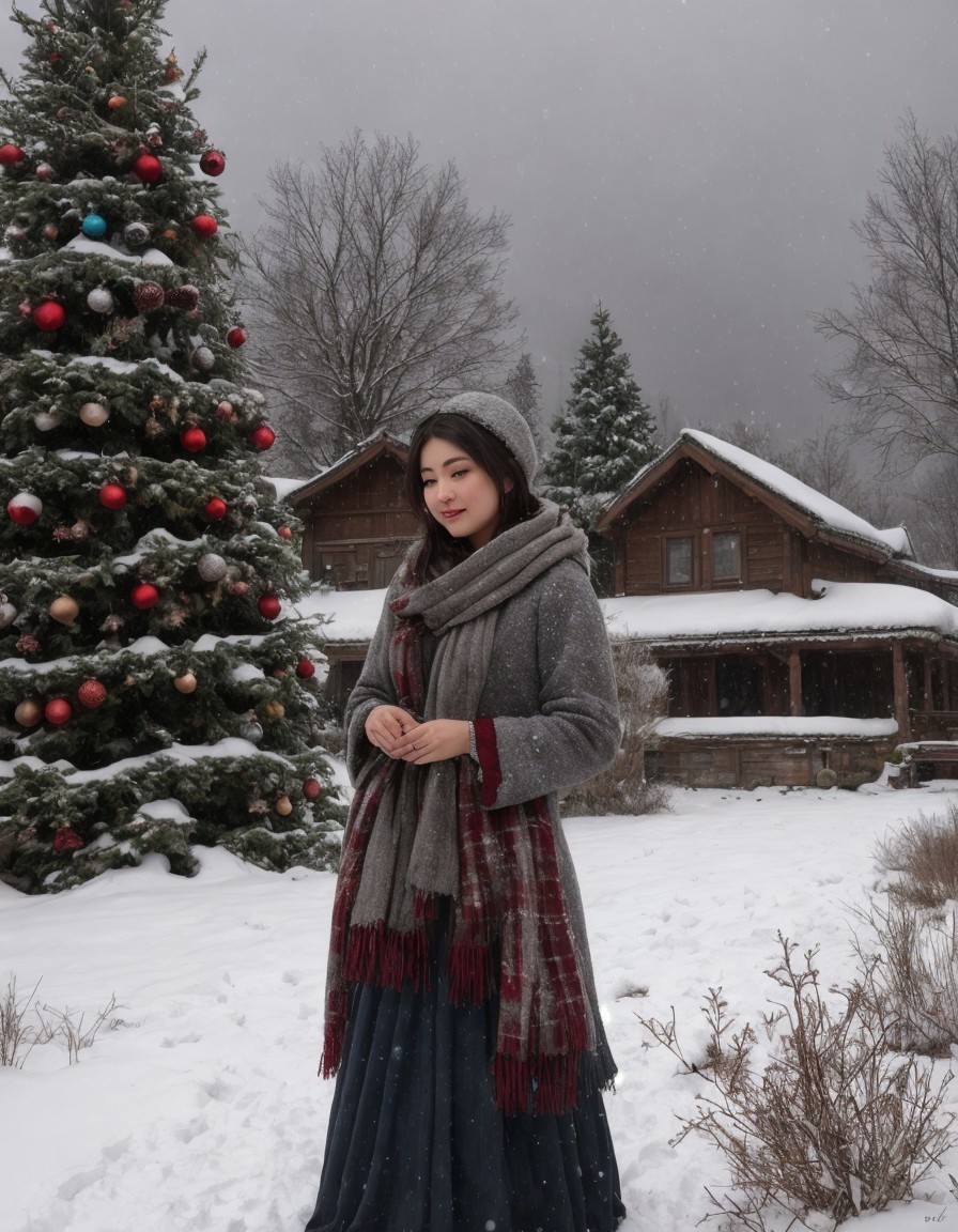 Woman in Winter Attire by Christmas Tree in Snowy Scene
