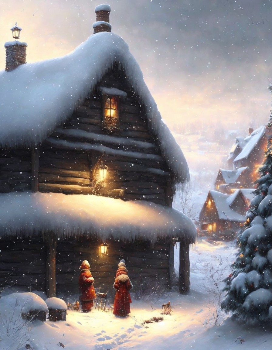 Snow-covered cottage with glowing windows and figures in red cloaks near a snowy village.