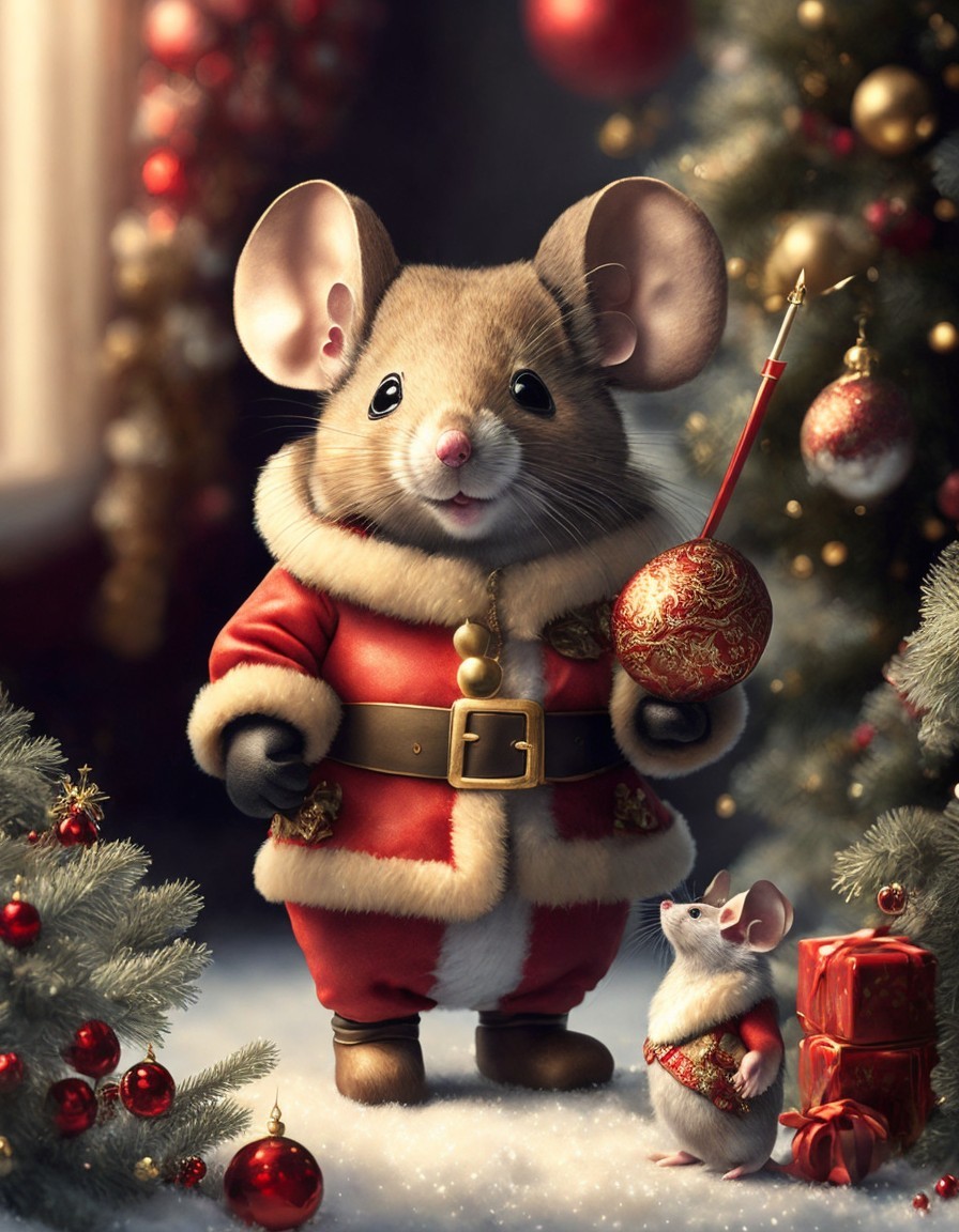 Festive Santa Mouse with Ornament and Gift Mouse Illustration