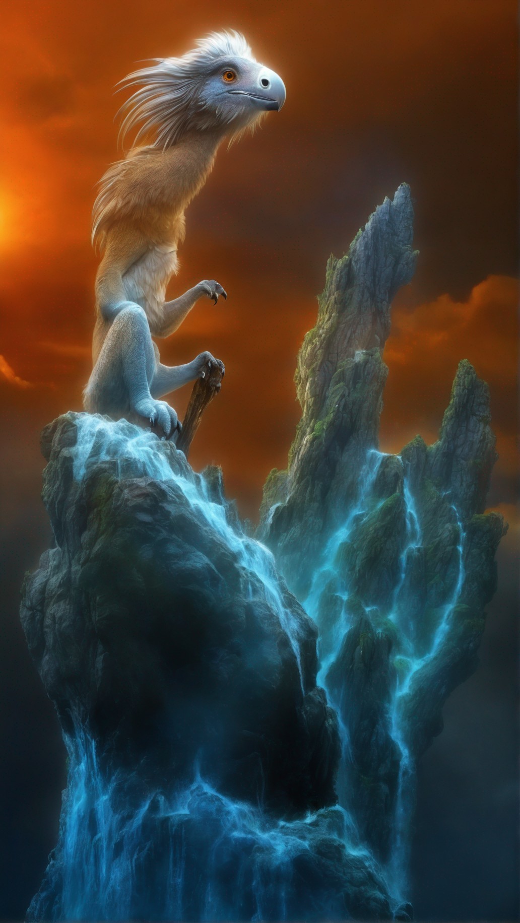 Eagle-headed lion creature on jagged rock under orange sky