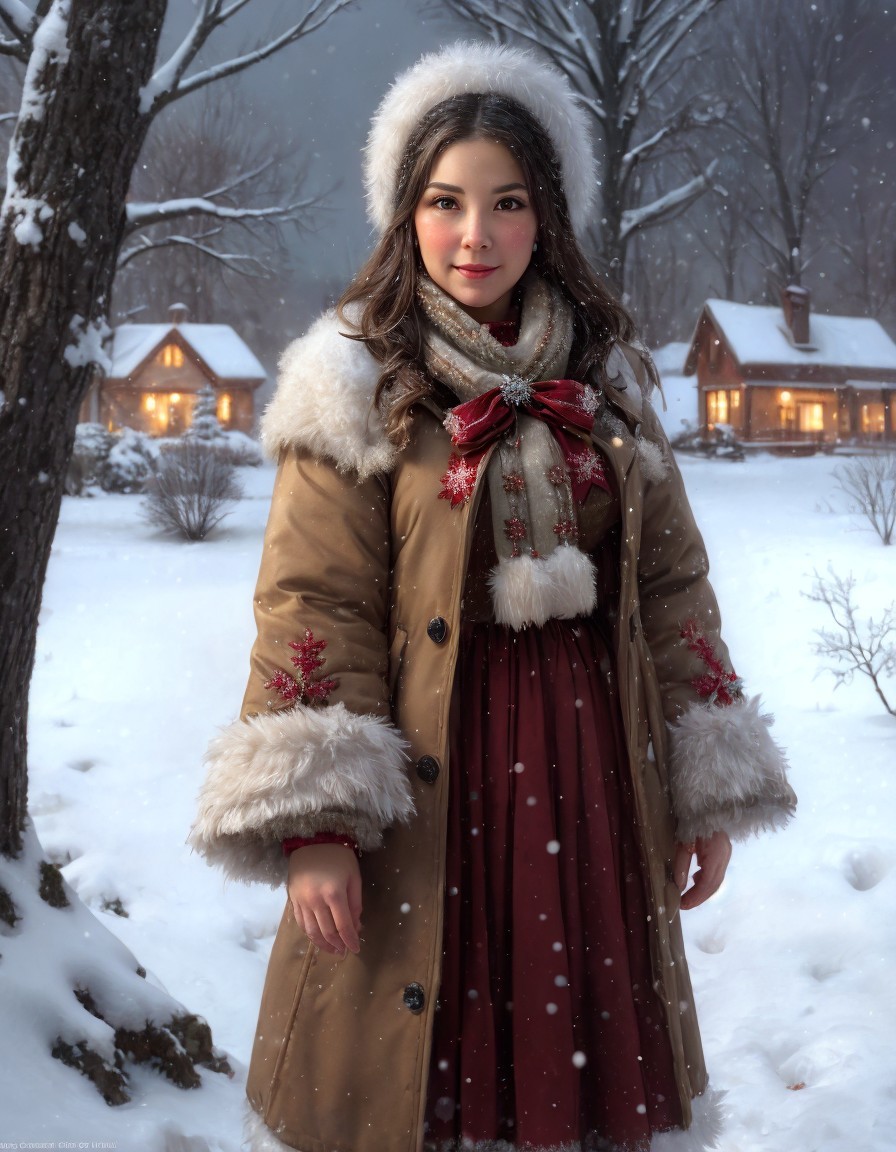 Woman in winter coat and furry hat standing in snowy landscape with illuminated houses.