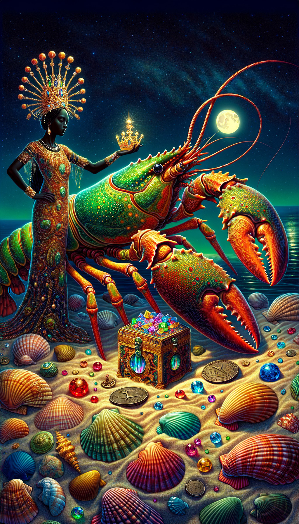 Majestic Figure and Colorful Lobster on Beach Scene