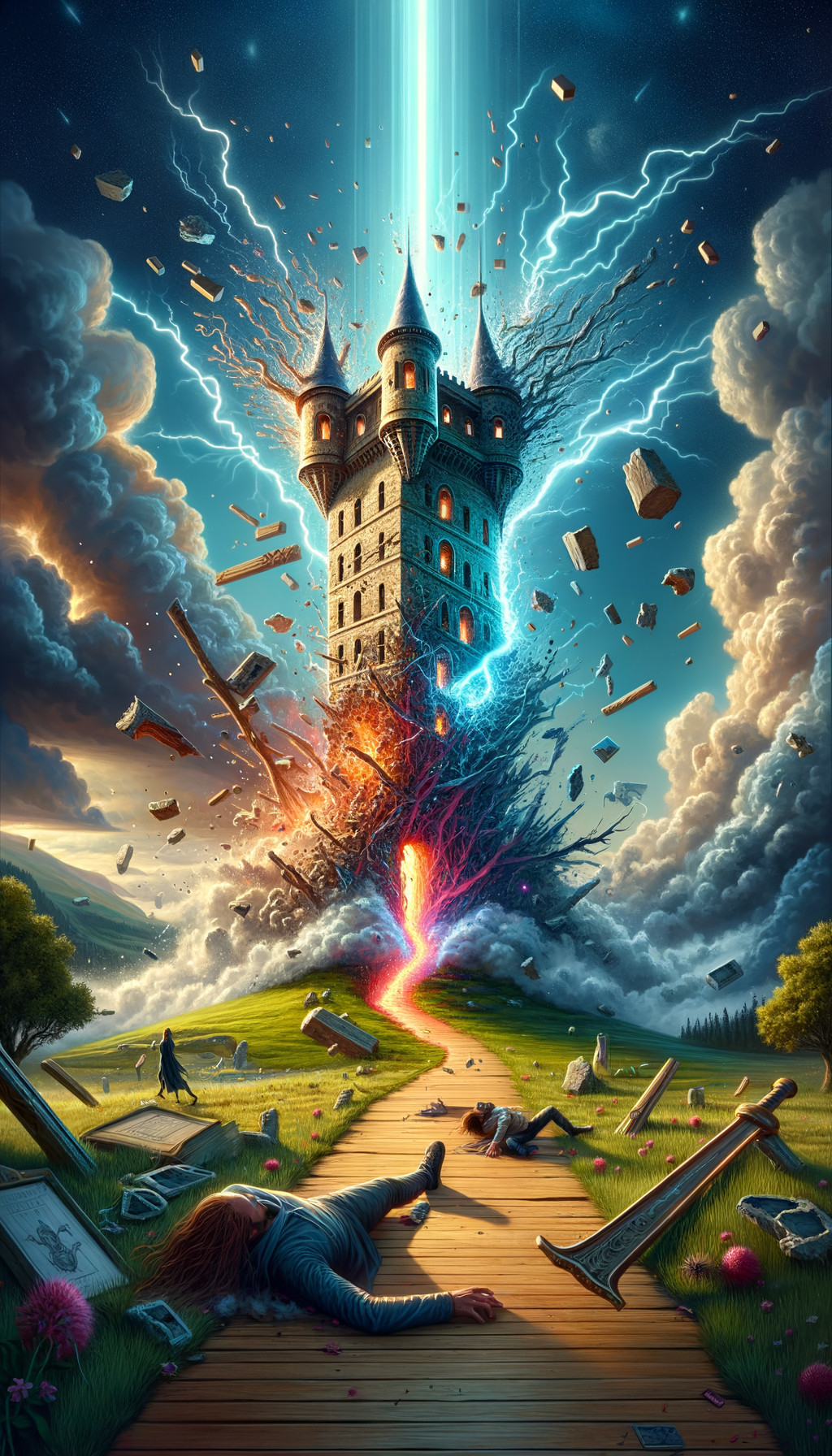 Castle in Storm with Levitating Books and Energy Source
