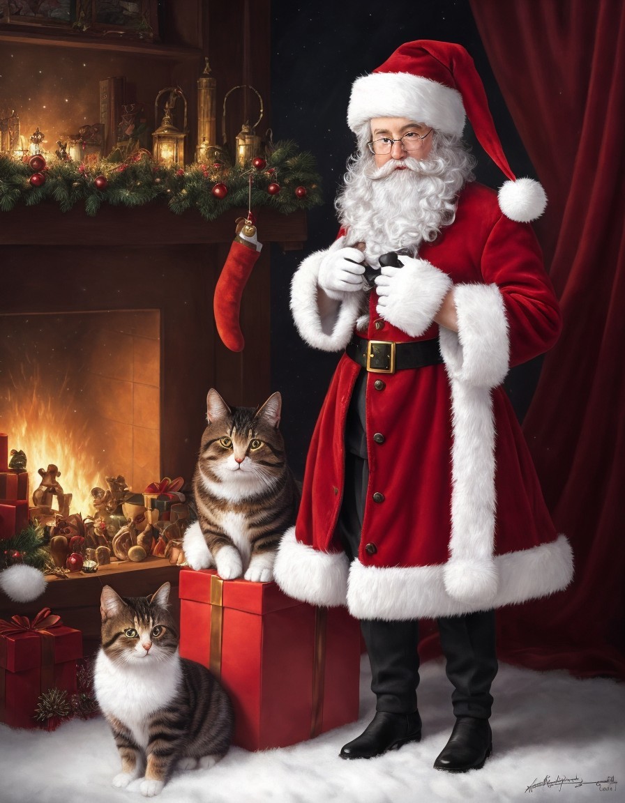 Santa Claus with cats by fireplace and gifts in cozy Christmas scene