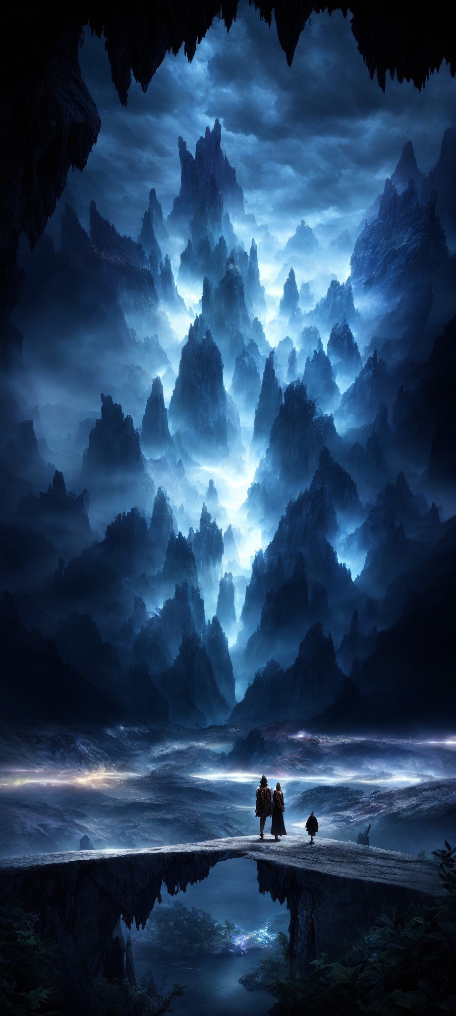 Adventurers by reflective water, gazing at jagged mountains under blue-lit sky