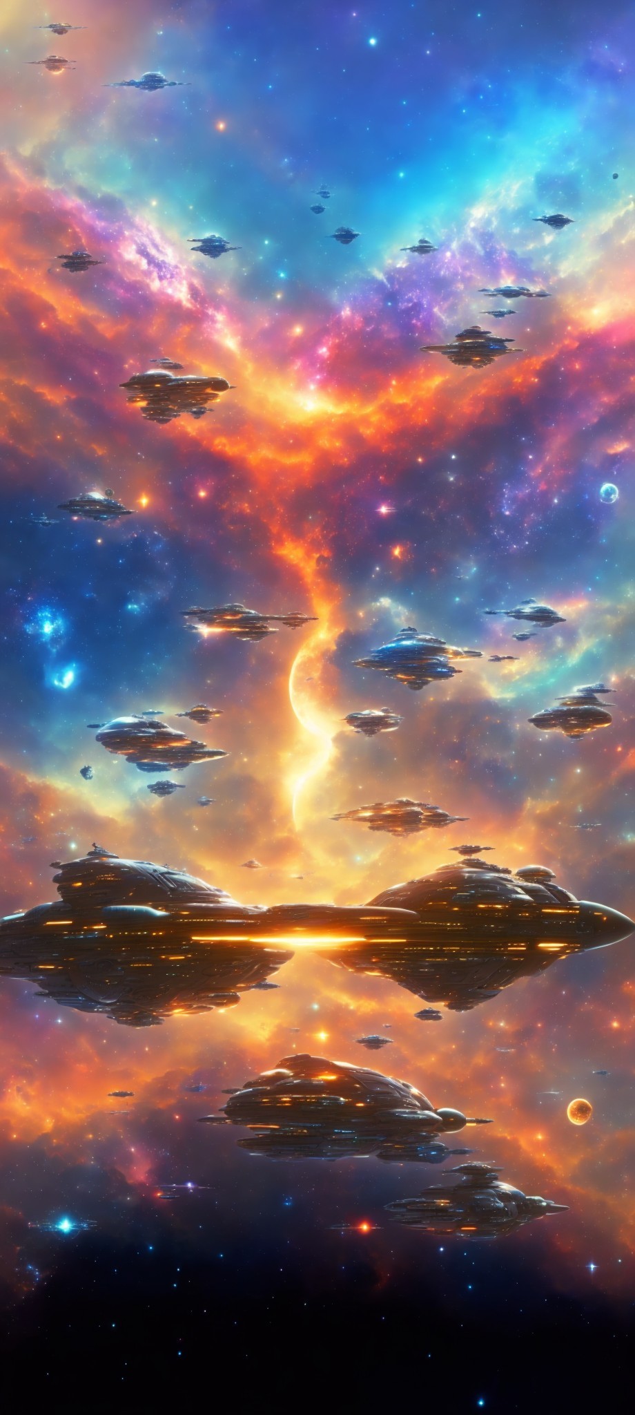 Bright central starburst surrounded by swirling nebulae and planets