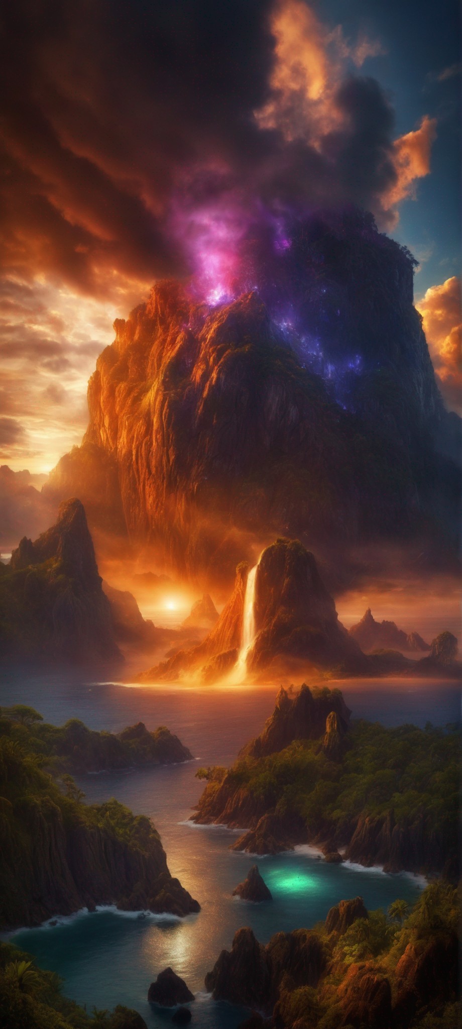 Majestic fantasy landscape with towering rock formation, dramatic sky, waterfalls, lush greenery,