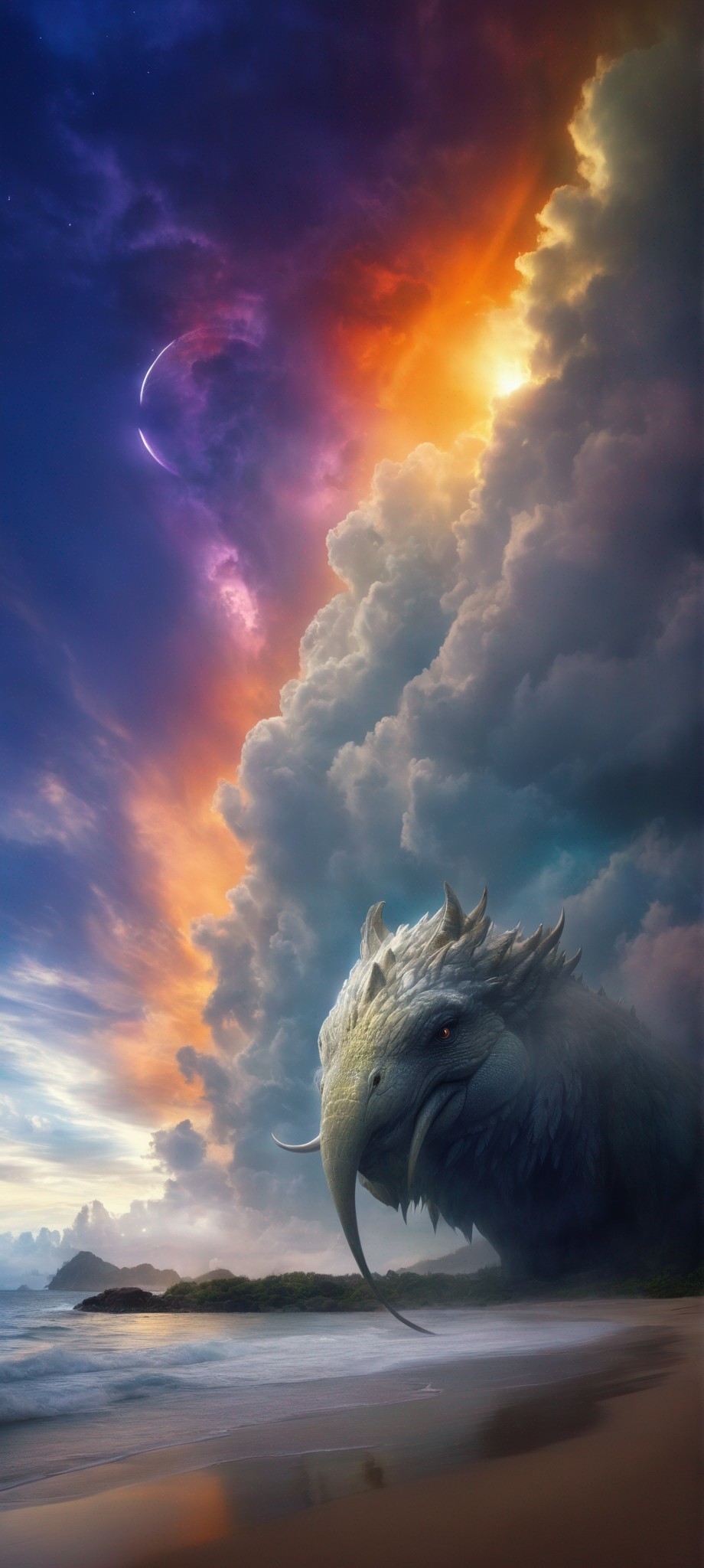 Dragon head emerging near beach under dramatic sky with daylight and night contrasted by crescent moon